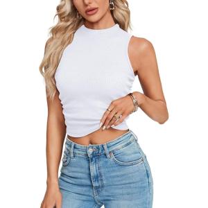 imageLYANER Womens Mock Neck Ribbed Knit Sleeveless Slim Fitted Solid Cami Crop TopWhite