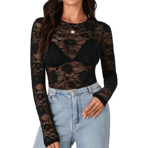 imageLYANER Womens Sexy Mesh Top Floral Long Sleeve See Through Shirt Lace Sheer BlousesBlack