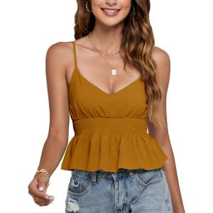 imageLYANER Womens V Neck Elastic Waist Pleated Ruffle Hem Sleeveless Strappy Crop Cami TopGinger