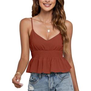 imageLYANER Womens V Neck Elastic Waist Pleated Ruffle Hem Sleeveless Strappy Crop Cami TopRust Red