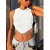 imageLYANER Womens Rhinestone Fringe High Low Hem Sleeveless Ribbed Crop Tops Tank BlouseWhite