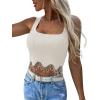 imageLYANER Womens Rhinestone Fringe Trim Ribbed Knit Square Neck Sleeveless Crop Tank TopBeige
