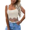 imageLYANER Womens Rhinestone Fringe Trim Ribbed Knit Square Neck Sleeveless Crop Tank TopBeige