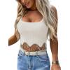 imageLYANER Womens Rhinestone Fringe Trim Ribbed Knit Square Neck Sleeveless Crop Tank TopBeige