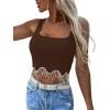 imageLYANER Womens Rhinestone Fringe Trim Ribbed Knit Square Neck Sleeveless Crop Tank TopBrown