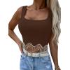imageLYANER Womens Rhinestone Fringe Trim Ribbed Knit Square Neck Sleeveless Crop Tank TopBrown