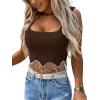 imageLYANER Womens Rhinestone Fringe Trim Ribbed Knit Square Neck Sleeveless Crop Tank TopBrown