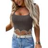 imageLYANER Womens Rhinestone Fringe Trim Ribbed Knit Square Neck Sleeveless Crop Tank TopGray