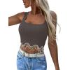 imageLYANER Womens Rhinestone Fringe Trim Ribbed Knit Square Neck Sleeveless Crop Tank TopGray