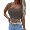 imageLYANER Womens Rhinestone Fringe Trim Ribbed Knit Square Neck Sleeveless Crop Tank TopGray