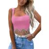 imageLYANER Womens Rhinestone Fringe Trim Ribbed Knit Square Neck Sleeveless Crop Tank TopPink