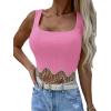 imageLYANER Womens Rhinestone Fringe Trim Ribbed Knit Square Neck Sleeveless Crop Tank TopPink