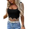 imageLYANER Womens Rhinestone Fringe Trim Ribbed Knit Square Neck Sleeveless Crop Tank TopSolid Black