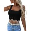 imageLYANER Womens Rhinestone Fringe Trim Ribbed Knit Square Neck Sleeveless Crop Tank TopSolid Black