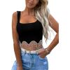 imageLYANER Womens Rhinestone Fringe Trim Ribbed Knit Square Neck Sleeveless Crop Tank TopSolid Black