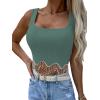 imageLYANER Womens Rhinestone Fringe Trim Ribbed Knit Square Neck Sleeveless Crop Tank TopTeal Blue