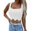 imageLYANER Womens Rhinestone Fringe Trim Ribbed Knit Square Neck Sleeveless Crop Tank TopWhite