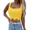 imageLYANER Womens Rhinestone Fringe Trim Ribbed Knit Square Neck Sleeveless Crop Tank TopYellow