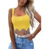 imageLYANER Womens Rhinestone Fringe Trim Ribbed Knit Square Neck Sleeveless Crop Tank TopYellow