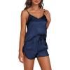 imageLYANER Womens Satin Silk Pajamas V Neck Cami Top with Shorts PJ Sst SleepwearNavy Blue