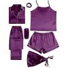 imageLYANER Womens Pajamas Set 7pcs Silk Satin Sleepwear Loungewear Cami Shirt Pj SetEggplant Purple
