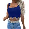imageLYANER Womens Rhinestone Fringe Trim Ribbed Knit Square Neck Sleeveless Crop Tank TopRoyal Blue