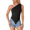 imageLYANER Womens Sexy One Shoulder Sleeveless Asymmetrical Hem Ruched Strappy Cami Tank Crop TopSolid Black