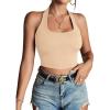 imageLYANER Womens Sexy Rib Knit Halter Square Neck Backless Fitted Sleeveless Crop Top TankBeige
