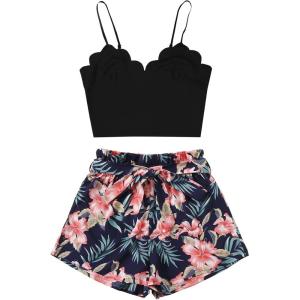 imageLYANER Womens 2 Piece Summer Outfits Cami Crop Top and Tropical Floral Shorts SetNavy
