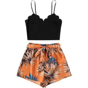 imageLYANER Womens 2 Piece Summer Outfits Cami Crop Top and Tropical Floral Shorts SetOrange