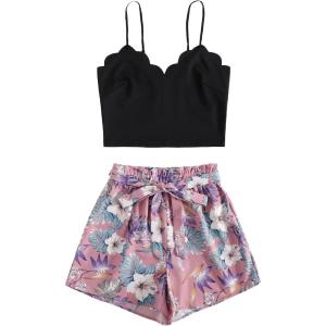 imageLYANER Womens 2 Piece Summer Outfits Cami Crop Top and Tropical Floral Shorts SetPink