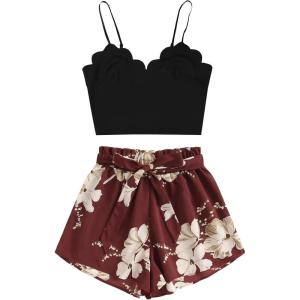 imageLYANER Womens 2 Piece Summer Outfits Cami Crop Top and Tropical Floral Shorts SetWine Red