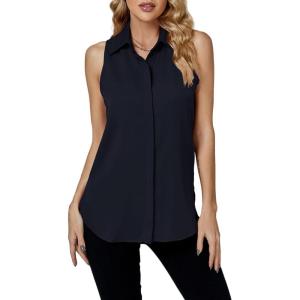 imageLYANER Womens Casual Collar Sleeveless Button Down Tank Top Blouse ShirtNavy Blue