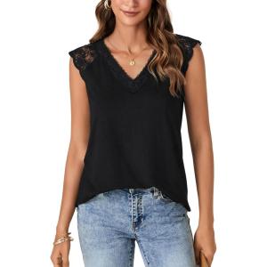 imageLYANER Womens Casual V Neck Lace Floral Sleeveless Blouse Shirt Tank TopBlack