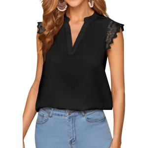 imageLYANER Womens Elegant Notch V Neck Lace Trim Cap Sleeve Blouse Shirt Sleeveless TopBlack