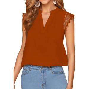 imageLYANER Womens Elegant Notch V Neck Lace Trim Cap Sleeve Blouse Shirt Sleeveless TopBurn Orange