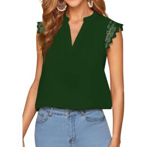 imageLYANER Womens Elegant Notch V Neck Lace Trim Cap Sleeve Blouse Shirt Sleeveless TopDark Green