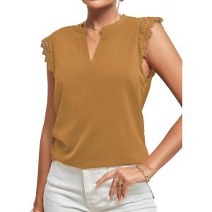 imageLYANER Womens Elegant Notch V Neck Lace Trim Cap Sleeve Blouse Shirt Sleeveless TopDeep Khaki