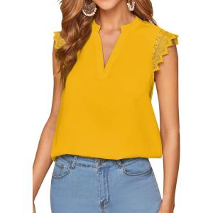 imageLYANER Womens Elegant Notch V Neck Lace Trim Cap Sleeve Blouse Shirt Sleeveless TopGinger