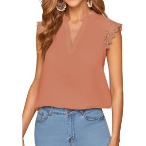 imageLYANER Womens Elegant Notch V Neck Lace Trim Cap Sleeve Blouse Shirt Sleeveless TopPink