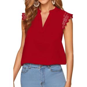 imageLYANER Womens Elegant Notch V Neck Lace Trim Cap Sleeve Blouse Shirt Sleeveless TopRed