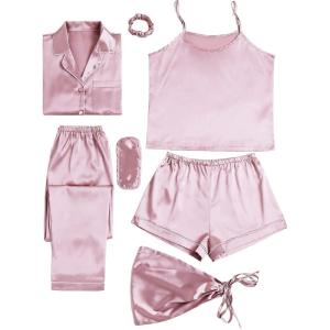 imageLYANER Womens Pajamas Set 7pcs Silk Satin Sleepwear Loungewear Cami Shirt Pj SetBaby Pink