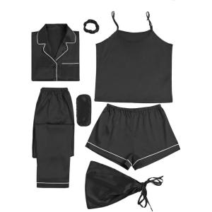 imageLYANER Womens Pajamas Set 7pcs Silk Satin Sleepwear Loungewear Cami Shirt Pj SetBlack