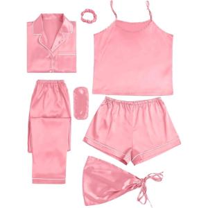 imageLYANER Womens Pajamas Set 7pcs Silk Satin Sleepwear Loungewear Cami Shirt Pj SetBright Pink
