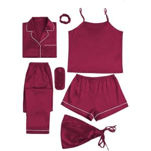 imageLYANER Womens Pajamas Set 7pcs Silk Satin Sleepwear Loungewear Cami Shirt Pj SetBurgundy