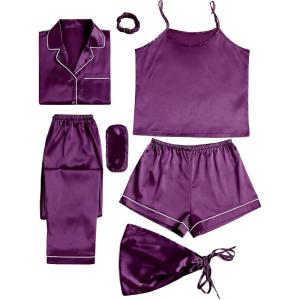 imageLYANER Womens Pajamas Set 7pcs Silk Satin Sleepwear Loungewear Cami Shirt Pj SetEggplant Purple