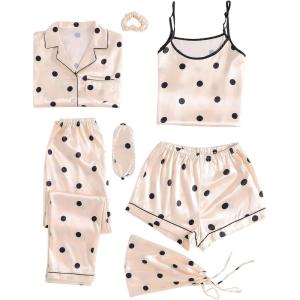 imageLYANER Womens Pajamas Set 7pcs Silk Satin Sleepwear Loungewear Cami Shirt Pj SetPolka Dots Beige