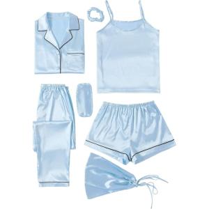imageLYANER Womens Pajamas Set 7pcs Silk Satin Sleepwear Loungewear Cami Shirt Pj SetSky Blue