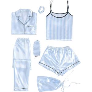 imageLYANER Womens Pajamas Set 7pcs Silk Satin Sleepwear Loungewear Cami Shirt Pj SetStriped Blue