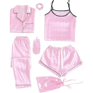 imageLYANER Womens Pajamas Set 7pcs Silk Satin Sleepwear Loungewear Cami Shirt Pj SetStriped Pink